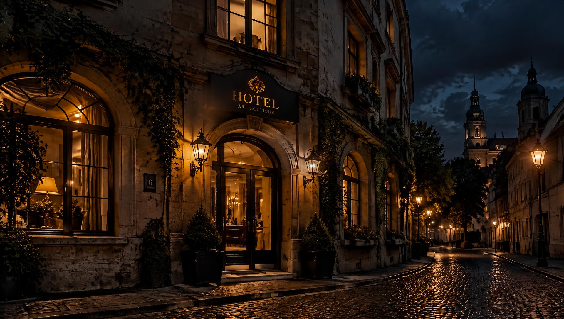 The hotel entrance glowing on a quiet cobbled street at night