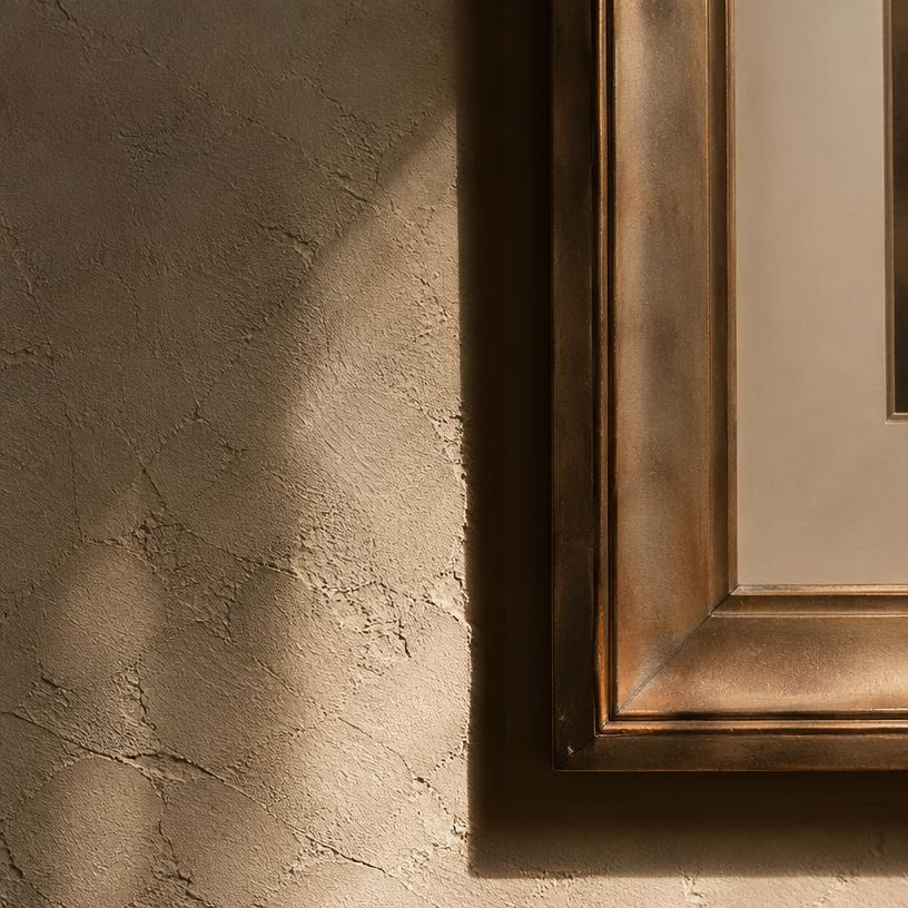 Detail of a bronze frame against textured plaster