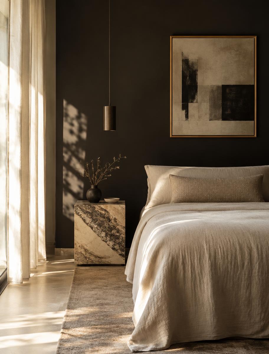Room interior with cream linen bed, charcoal wall and a framed abstract painting